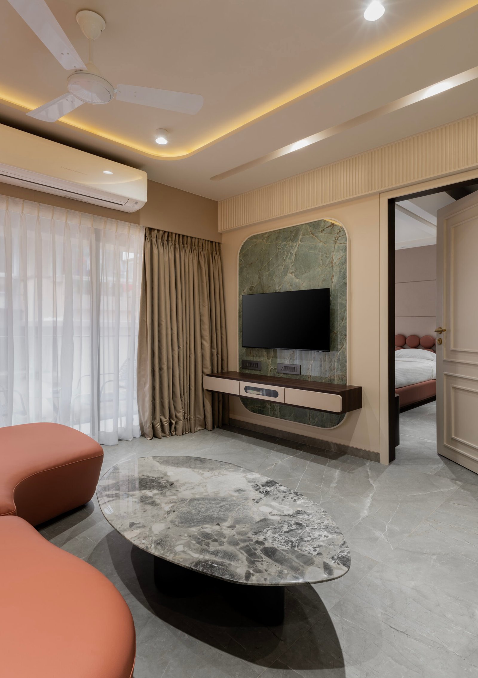 Elegant living area with modern décor in a luxury serviced apartment in Mumbai