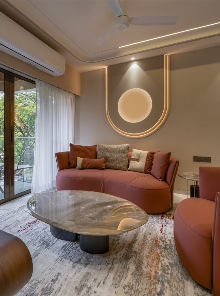 Elegant living area with modern décor in a luxury serviced apartment in Mumbai